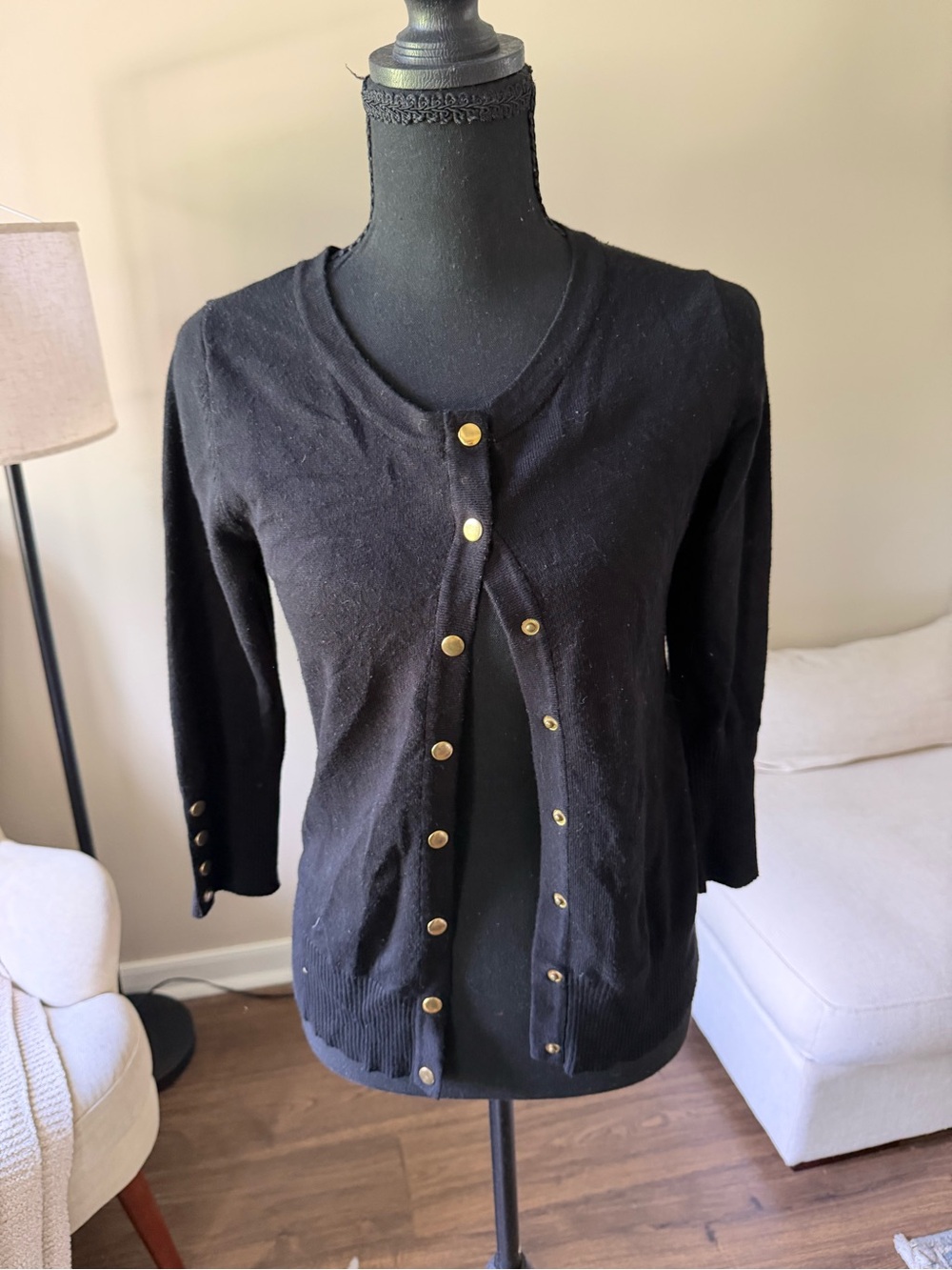 Black Women's Button-Front Cardigan with Gold Buttons